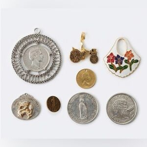 Vintage Charm Lot 8pc WWII Pin Mardi Gras Coins Dragon Pendant Ford Model T